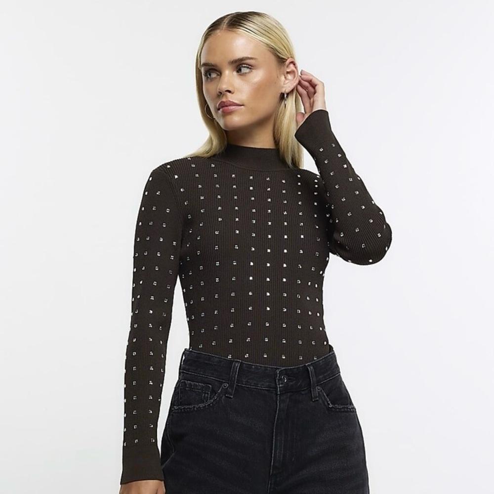 River Island Dark Brown Studded Turtleneck Sweater